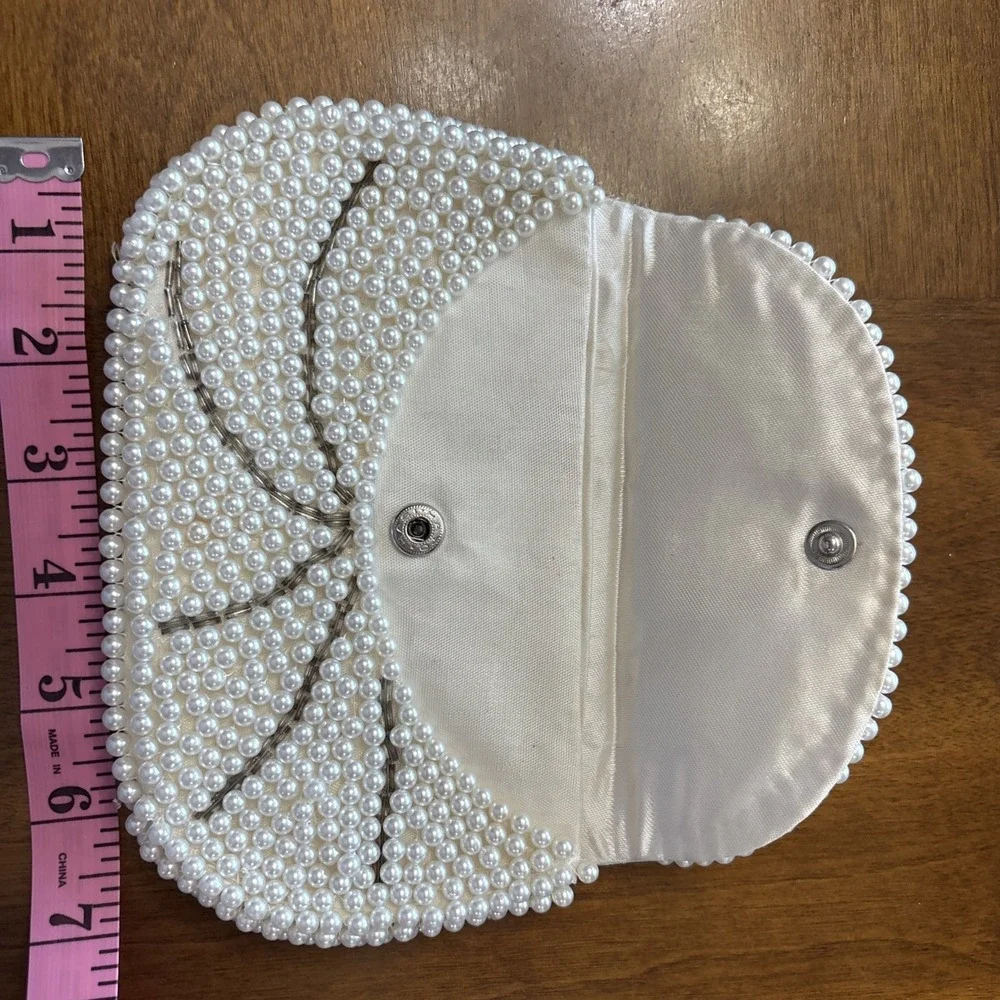 Vintage Cream Ivory‎ Retro Womens Pearl Beaded Coin Small Purse Clutch